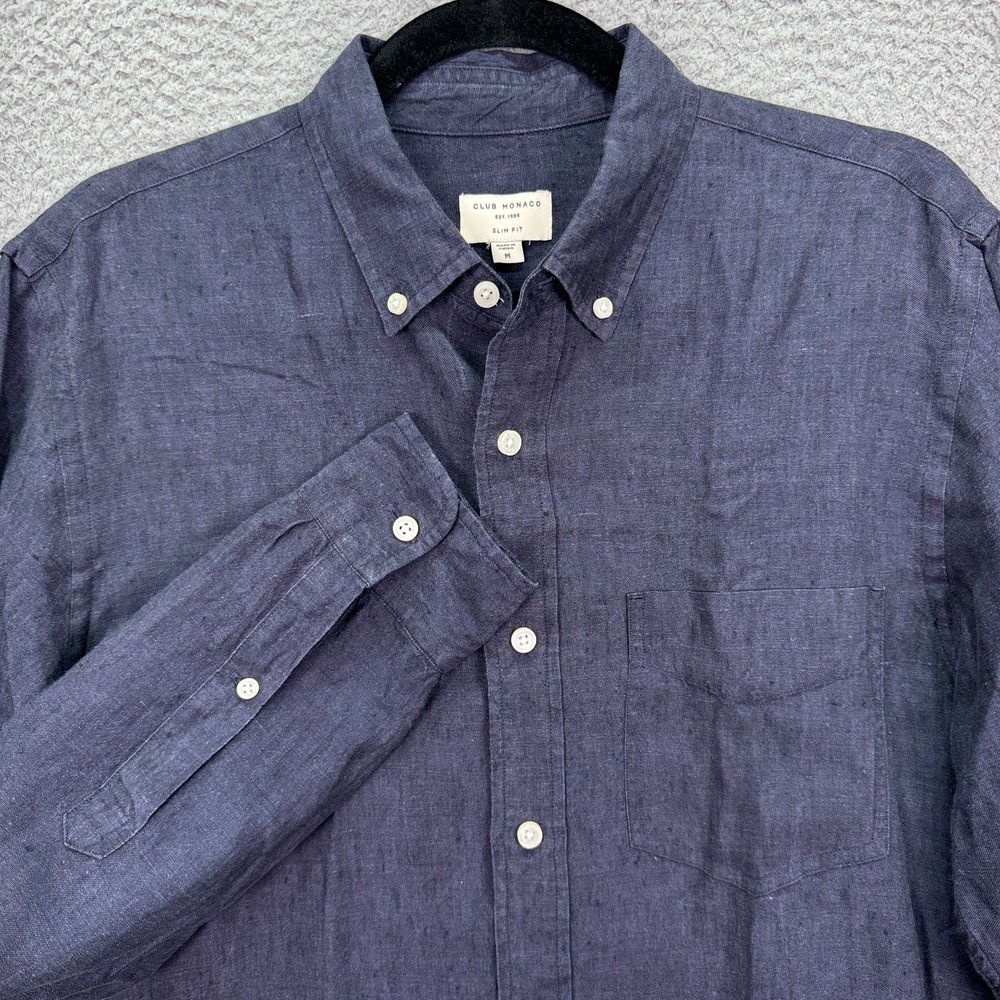 Club Monaco Shirt Men M Navy Blue Linen Button Slim FIt Lightweight Quiet Luxery